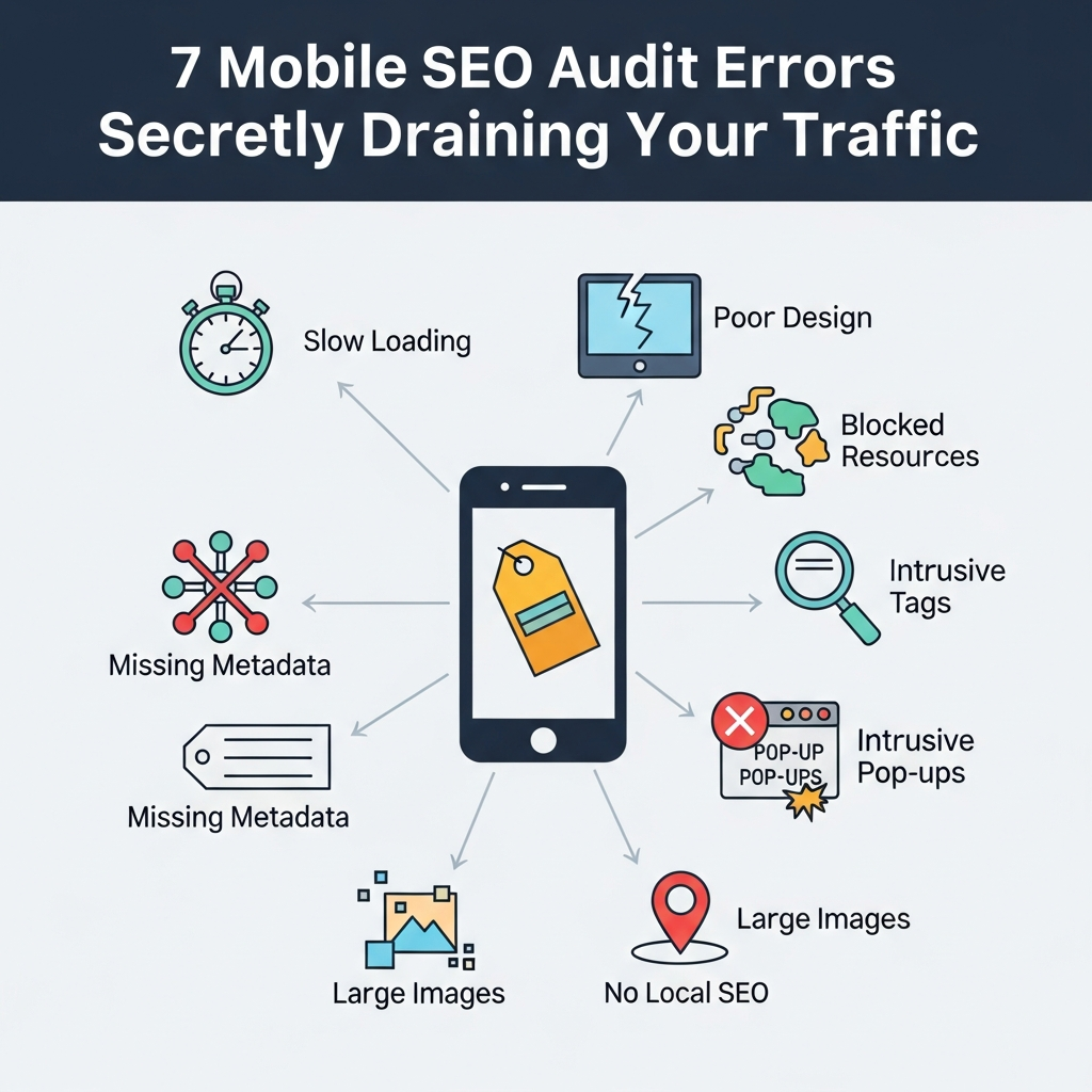 Graphic titled "7 Mobile SEO Audit Errors Secretly Draining Your Traffic." It features icons and brief explanations for common mobile SEO errors: slow loading speed, poor mobile design, blocked resources, missing meta tags, intrusive pop-ups, unoptimized images, and lack of local optimization. Each error is visually illustrated with modern, mobile-friendly graphics.