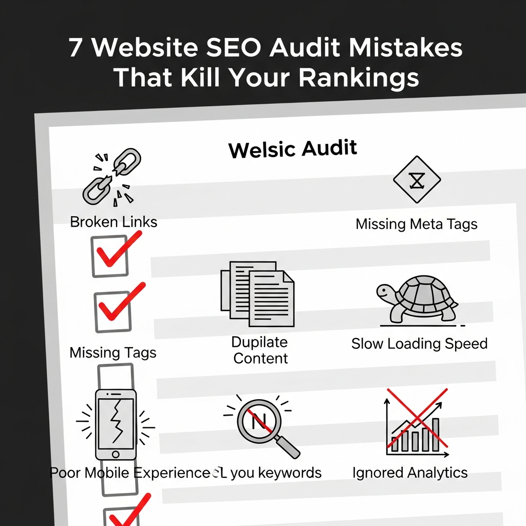 
A website audit checklist titled "7 Website SEO Audit Mistakes That Kill Your Rankings," showing icons and labels for broken links, missing meta tags, duplicate content, slow loading speed, poor mobile experience, lack of keywords, and ignored analytics, with red check marks and warning symbols next to each mistake.