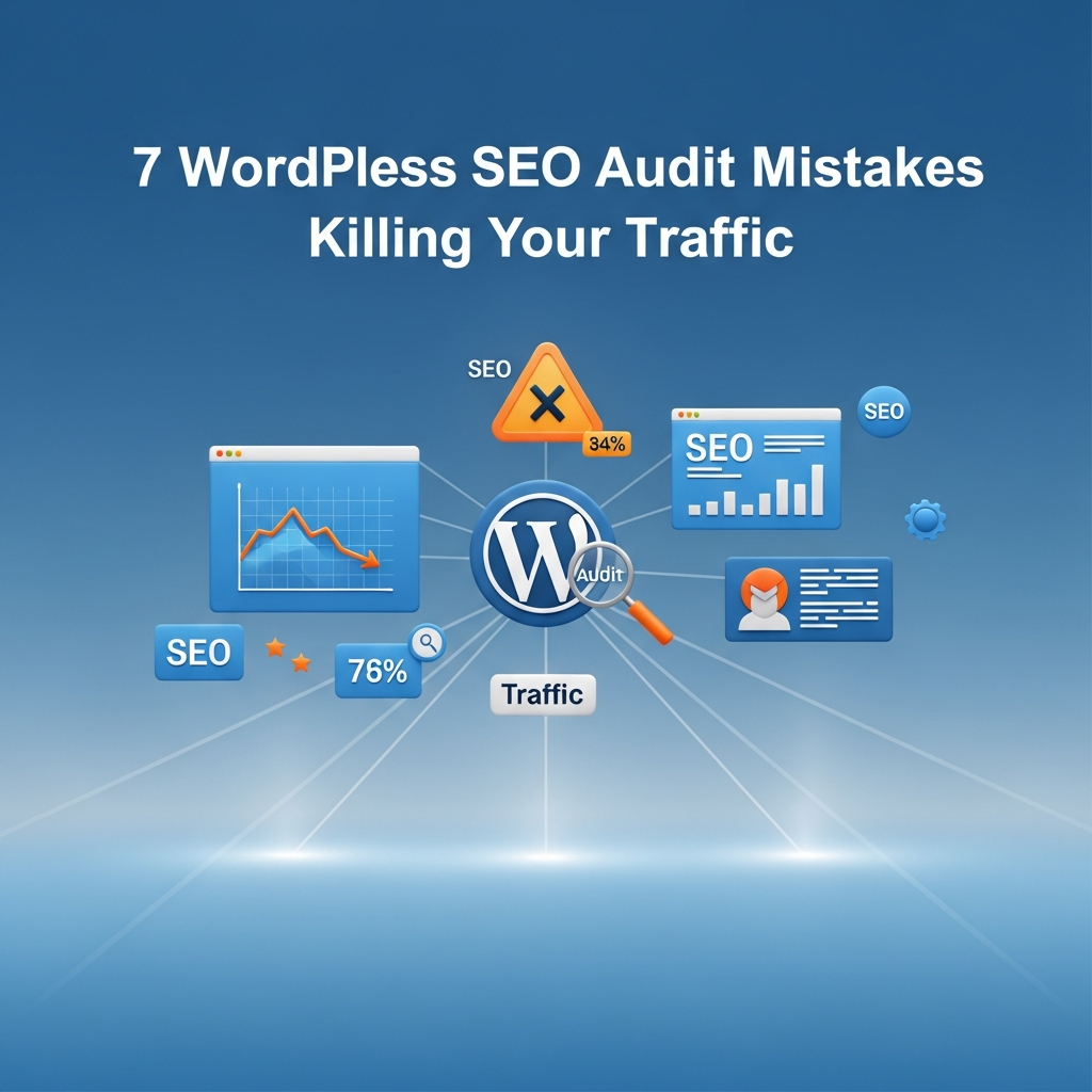 A modern graphic titled "7 WordPress SEO Audit Mistakes Killing Your Traffic" featuring the WordPress logo, SEO icons, website analytics charts with downward arrows, and warning symbols, all in blue and orange colors to represent declining website traffic due to common SEO mistakes.