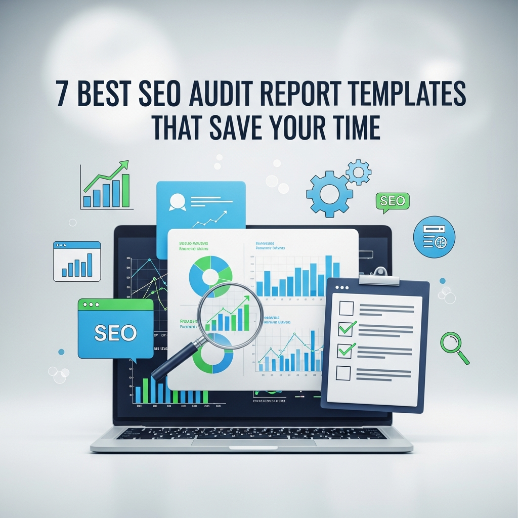 A laptop displaying various SEO audit report templates with charts, graphs, checklists, and a magnifying glass. The text "7 Best SEO Audit Report Templates That Save Your Time" appears above. Additional SEO-related icons, such as gears, browser windows, and check marks, surround the laptop, illustrating efficient and organized SEO analysis.