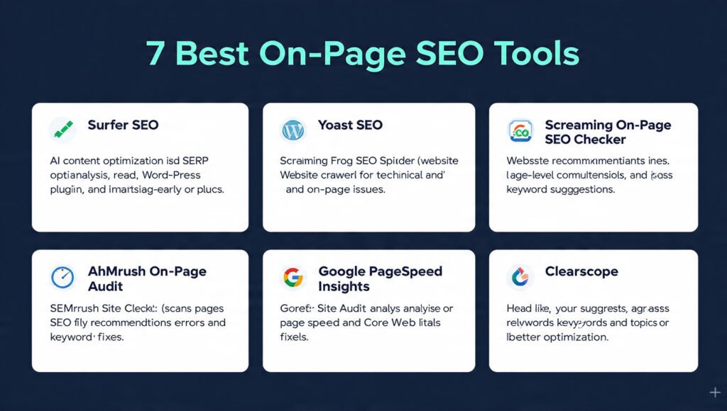 '7 on page seo analysis tools' with a dark navy header and teal accents. The image shows 7 cards in a 3-4 grid layout on a white background. Each card has an icon, bold tool name, and a one-line description. Tools included: Surfer SEO for AI content optimization and SERP analysis, Yoast SEO for real-time WordPress on-page SEO checks, Screaming Frog SEO Spider for website crawling and on-page issues, SEMrush On-Page SEO Checker for page-level recommendations, Ahrefs Site Audit for scanning SEO errors and fixes, Google PageSpeed Insights for page speed and Core Web Vitals analysis, and Clearscope for keyword and topic suggestions. Clean sans-serif fonts with balanced spacing for a professional blog or LinkedIn look.