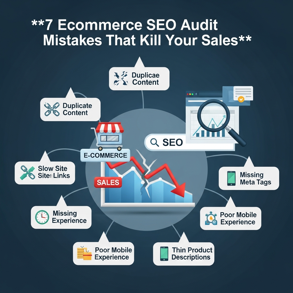"Infographic titled '7 Ecommerce SEO Audit Mistakes That Kill Your Sales.' The visual shows icons for ecommerce, SEO, and declining sales. Around the main title, keywords are displayed in bubbles: Duplicate Content, Broken Links, Slow Site Speed, Poor Mobile Experience, Missing Meta Tags, Thin Product Descriptions, and No Structured Data."
