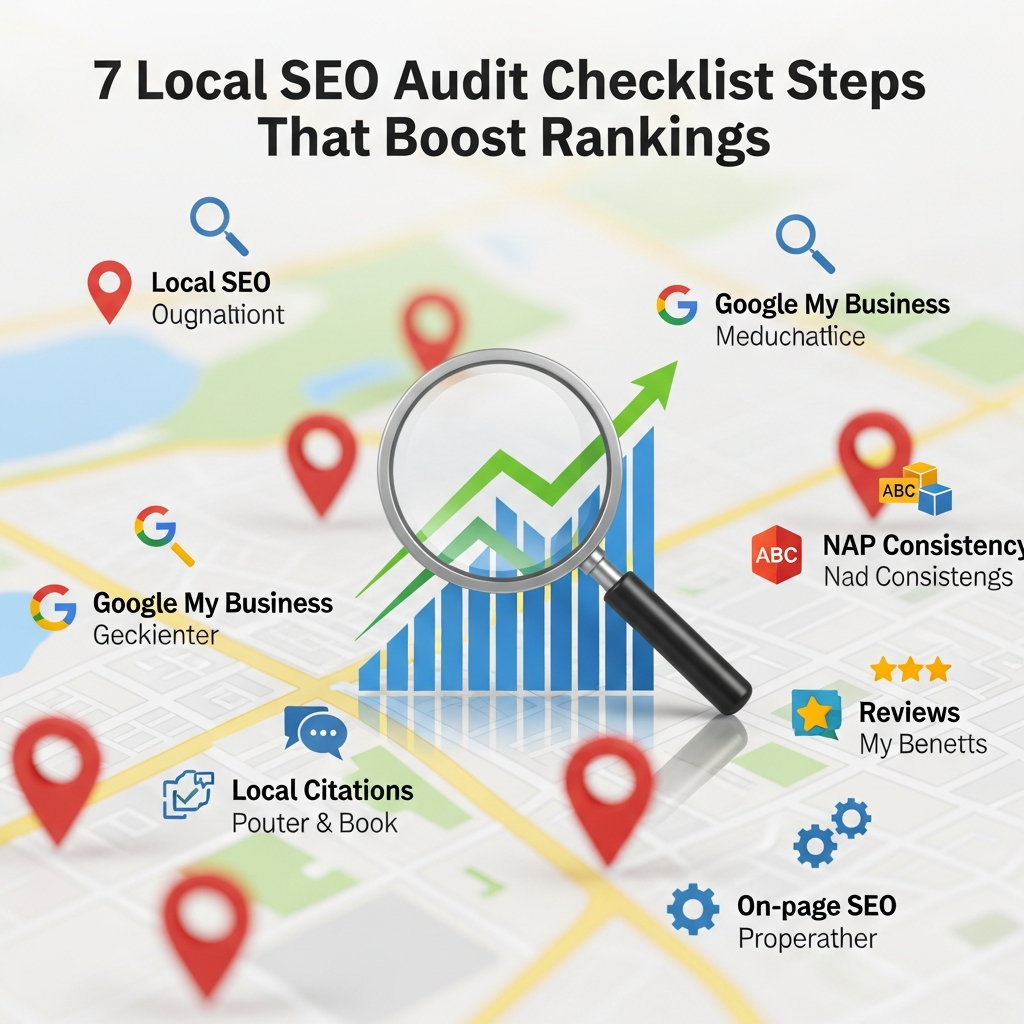 A colorful infographic titled "7 Local SEO Audit Checklist Steps That Boost Rankings" showing a city map with multiple location pins, a magnifying glass symbolizing audit, and an upward trending graph for ranking improvement. Around the image, important keywords are highlighted with small icons and short explanations: Local SEO, Audit, Google My Business, NAP Consistency, Local Citations, Reviews, and On-page SEO.