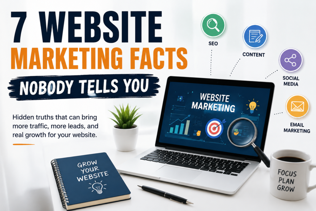**Alt Text:** Website marketing concept image showing a laptop, SEO, content, social media, and email marketing icons with the title *7 Website Marketing Facts Nobody Tells You*.