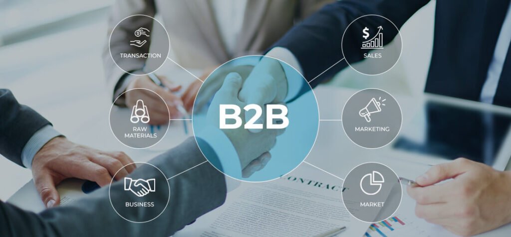 Business handshake with B2B marketing icons showing sales, transaction, and growth.