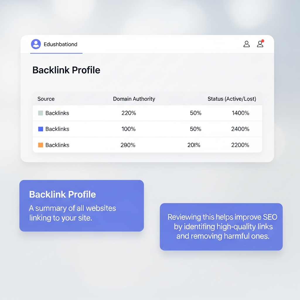 A website dashboard titled "Backlink Profile Review" shows a table listing example backlinks with columns for Source, Domain Authority, and Status (Active/Lost). Explanatory text boxes define a backlink profile as a summary of all websites linking to your site and explain that reviewing this helps improve SEO by identifying good links and removing harmful ones.