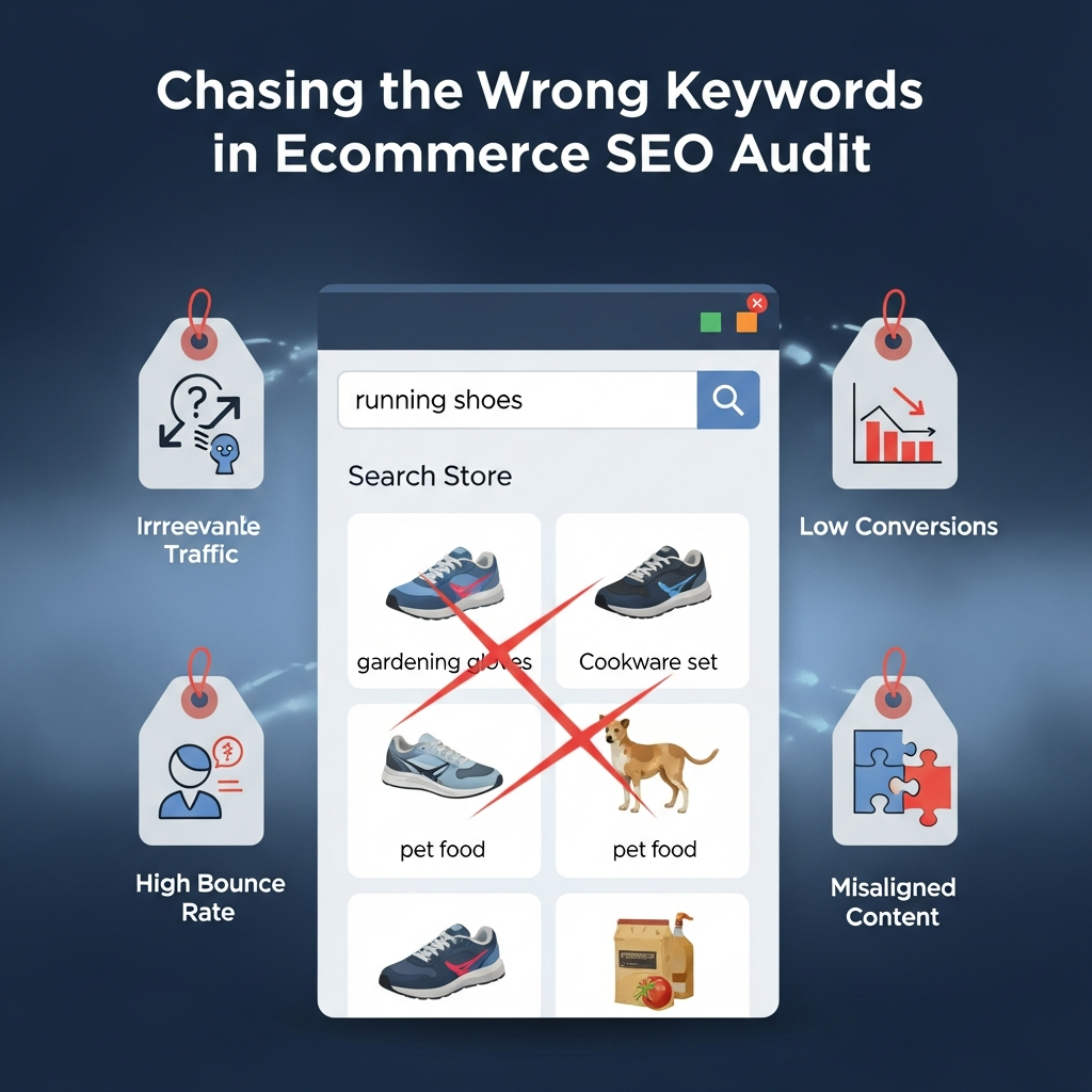 "Infographic titled 'Chasing the Wrong Keywords in Ecommerce SEO Audit.' The image shows an online store search bar with product results that do not match the search intent. Surrounding the illustration are keywords: Irrelevant Traffic, Low Conversions, High Bounce Rate, and Misaligned Content, highlighting the negative effects of targeting incorrect keywords in ecommerce SEO."