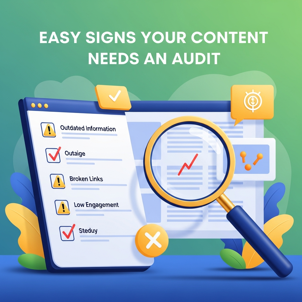 A digital image featuring a checklist with warning marks, a magnifying glass inspecting a web page, and highlighted content issues like outdated information and broken links. The heading “Easy Signs Your Content Needs an Audit” is displayed in a bold, modern font, with green, blue, and yellow tones suggesting clarity and guidance.