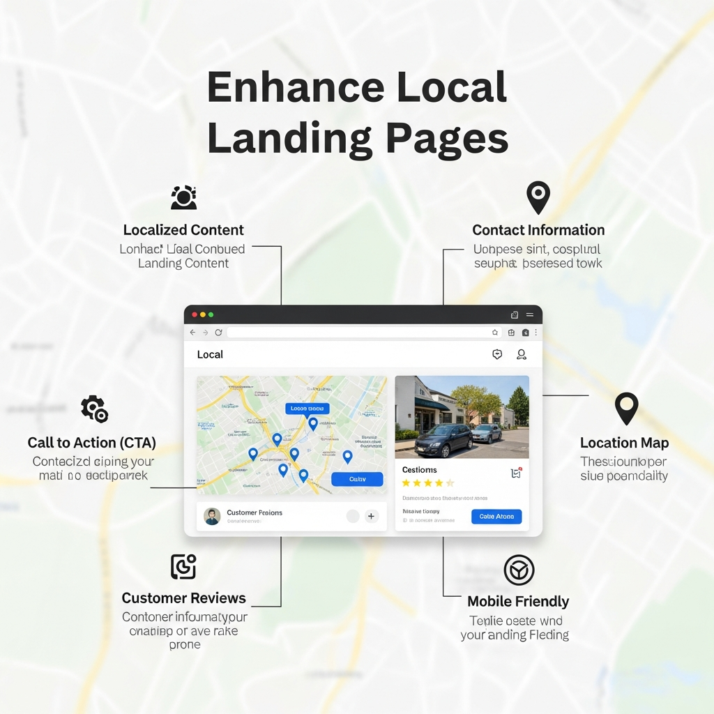 An infographic titled "Enhance Local Landing Pages" showing a web browser window with a local landing page. The page features location markers, a prominent call-to-action button, and customer reviews, with a map background highlighting locality. Around the main image, key terms are explained: Localized Content (area-specific info), Contact Information (clear business details), Call to Action (encouraging buttons/links), Customer Reviews (local feedback), Location Map (exact address), and Mobile Friendly (optimized for mobile devices).