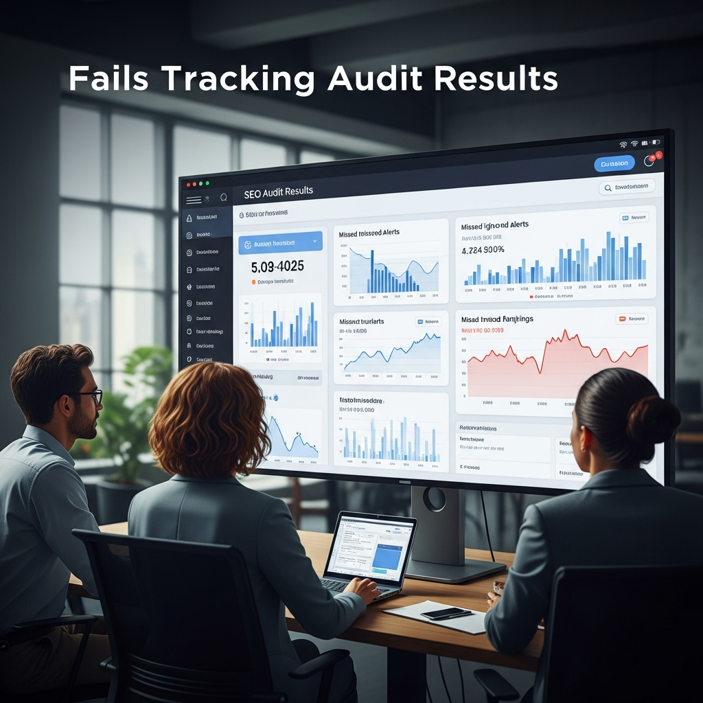 A person or team ignoring SEO audit results shown on a dashboard, with missed alerts and declining ranking graphs visible. The heading "Fails Tracking Audit Results" appears at the top, emphasizing the importance of monitoring audit outcomes.