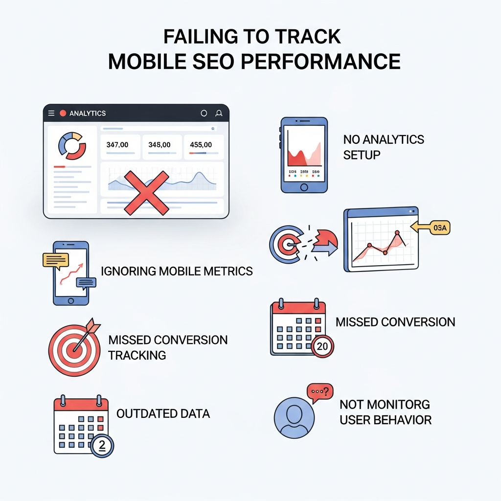 Graphic titled "Failing to Track Mobile SEO Performance." It shows icons and labels for common tracking issues: no analytics setup (dashboard with a red X), ignoring mobile metrics (mobile chart with low stats), missed conversion tracking (broken target or graph), outdated data (calendar with old date), and not monitoring user behavior (anonymous user icon). Each issue is visually explained with modern, mobile-focused illustrations.