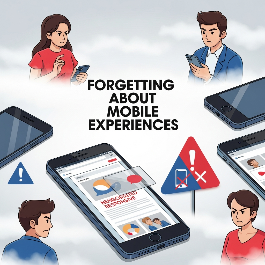 A graphic titled "Forgetting About Mobile Experiences" showing a smartphone with an outdated or broken website, frustrated users, and a warning sign, using blue and red accents to highlight the importance of mobile-friendly web design.

