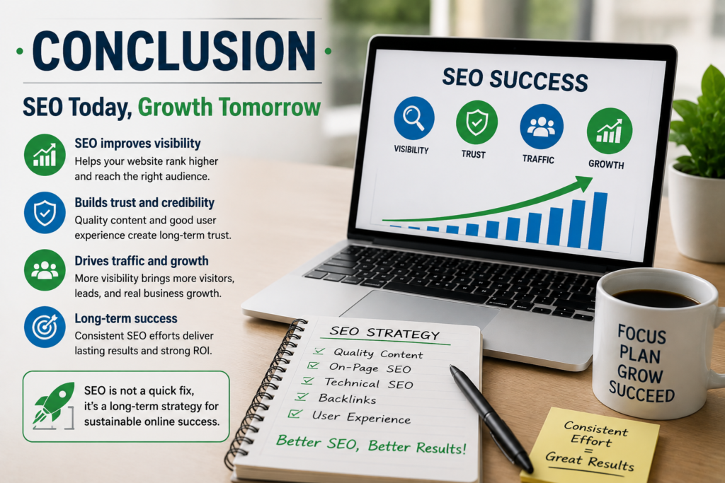 SEO success concept showing website growth, trust, traffic, and long term online results.