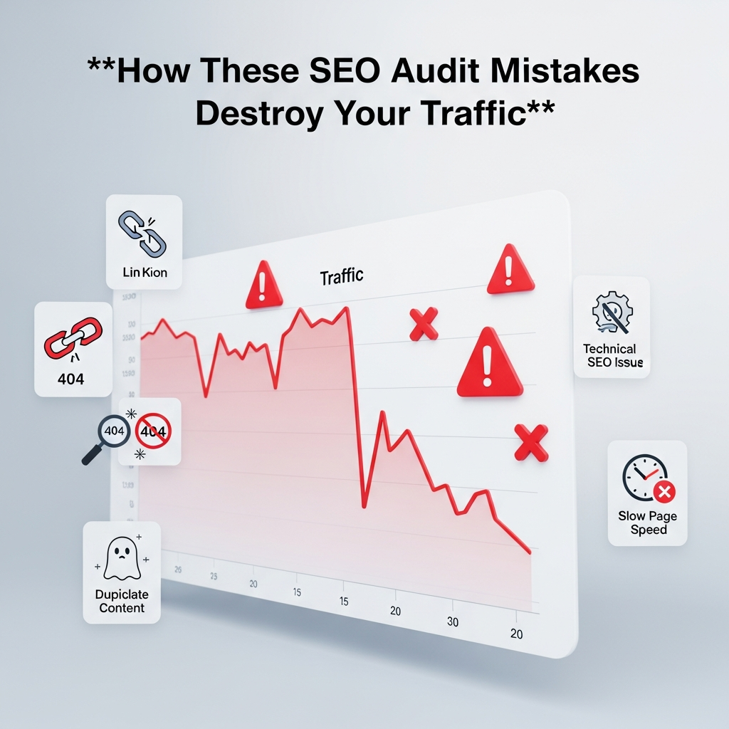 A graphic titled "How These SEO Audit Mistakes Destroy Your Traffic" showing a website analytics chart with falling traffic lines, warning symbols, and scattered icons representing common SEO mistakes, styled with red and grey accents to emphasize the impact on website visitors.