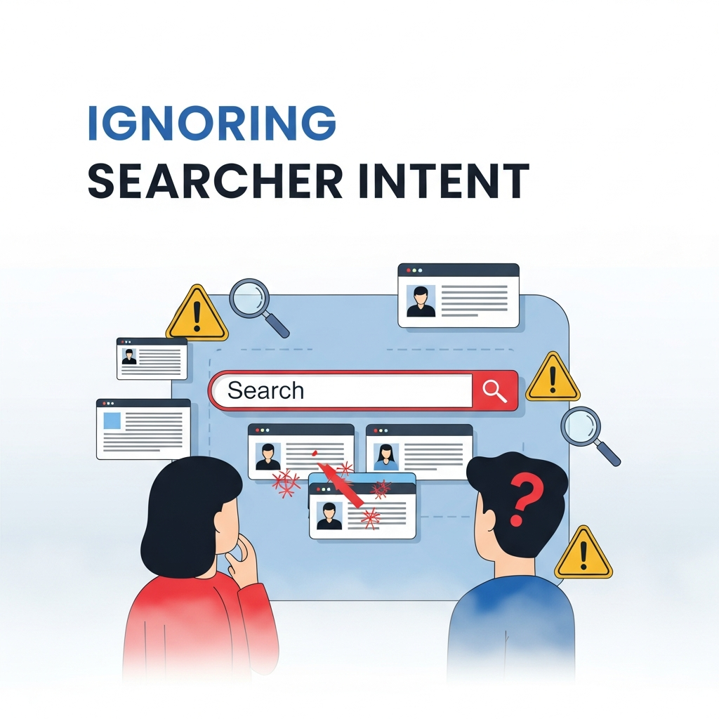 Illustration of two people confused in front of a large search bar displaying search results that do not match their intent, with warning signs and magnifying glasses around the screen, highlighting