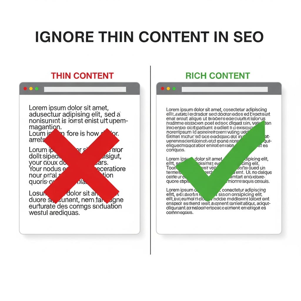 Two side-by-side web pages under the heading "Ignore Thin Content in SEO." The left page, labeled "Thin Content," has a large red X over short, sparse text. The right page, labeled "Rich Content," has a large green check mark over long, detailed text, illustrating the difference between low-value and high-value web content.