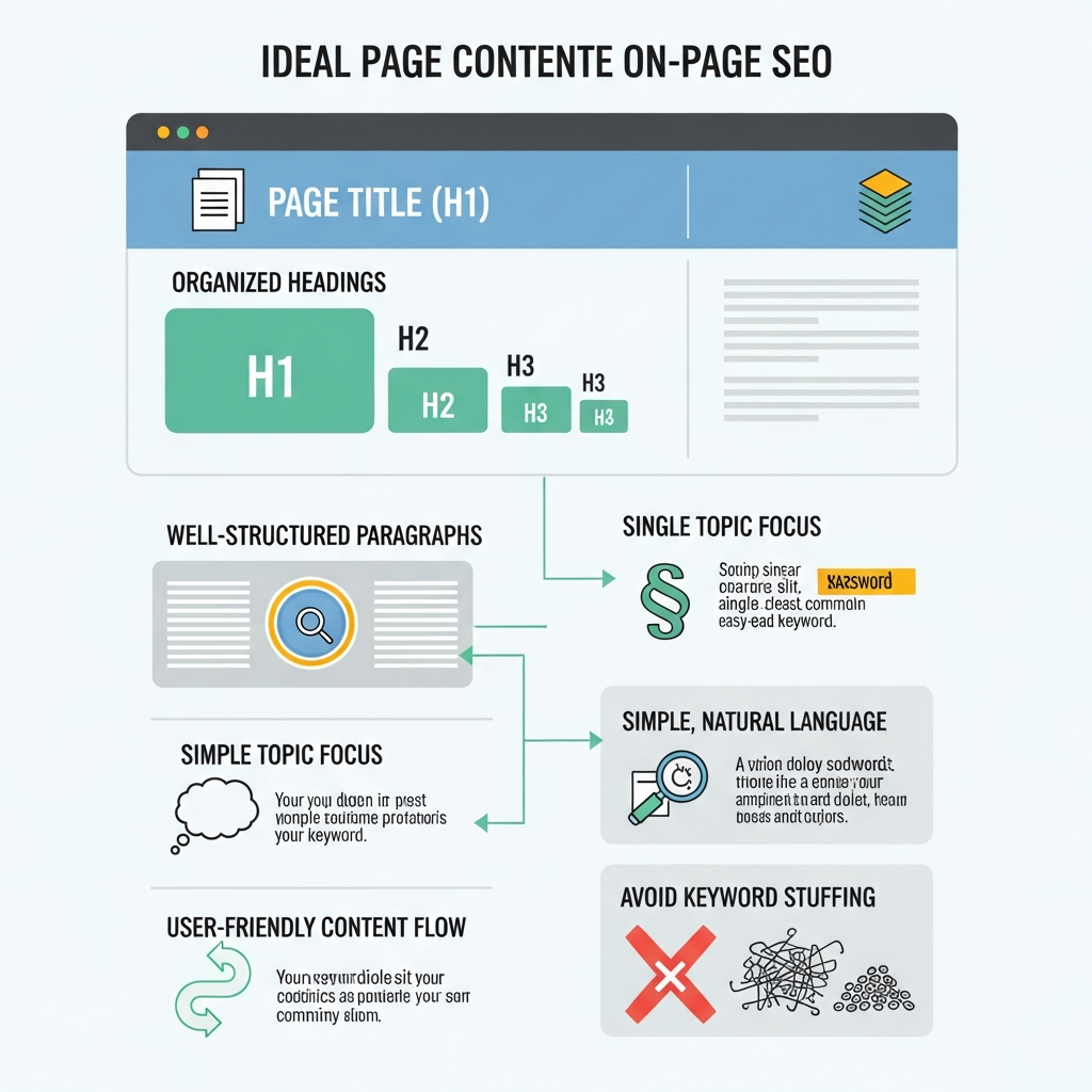 "Infographic displaying the ideal page content structure for on-page SEO. It shows a clear page title at the top, organized headings (H1, H2, H3), well-structured paragraphs, focuses on one topic per page, uses simple and natural language, illustrates a user-friendly content flow, and warns against keyword stuffing. Icons and arrows help visualize each element and step."