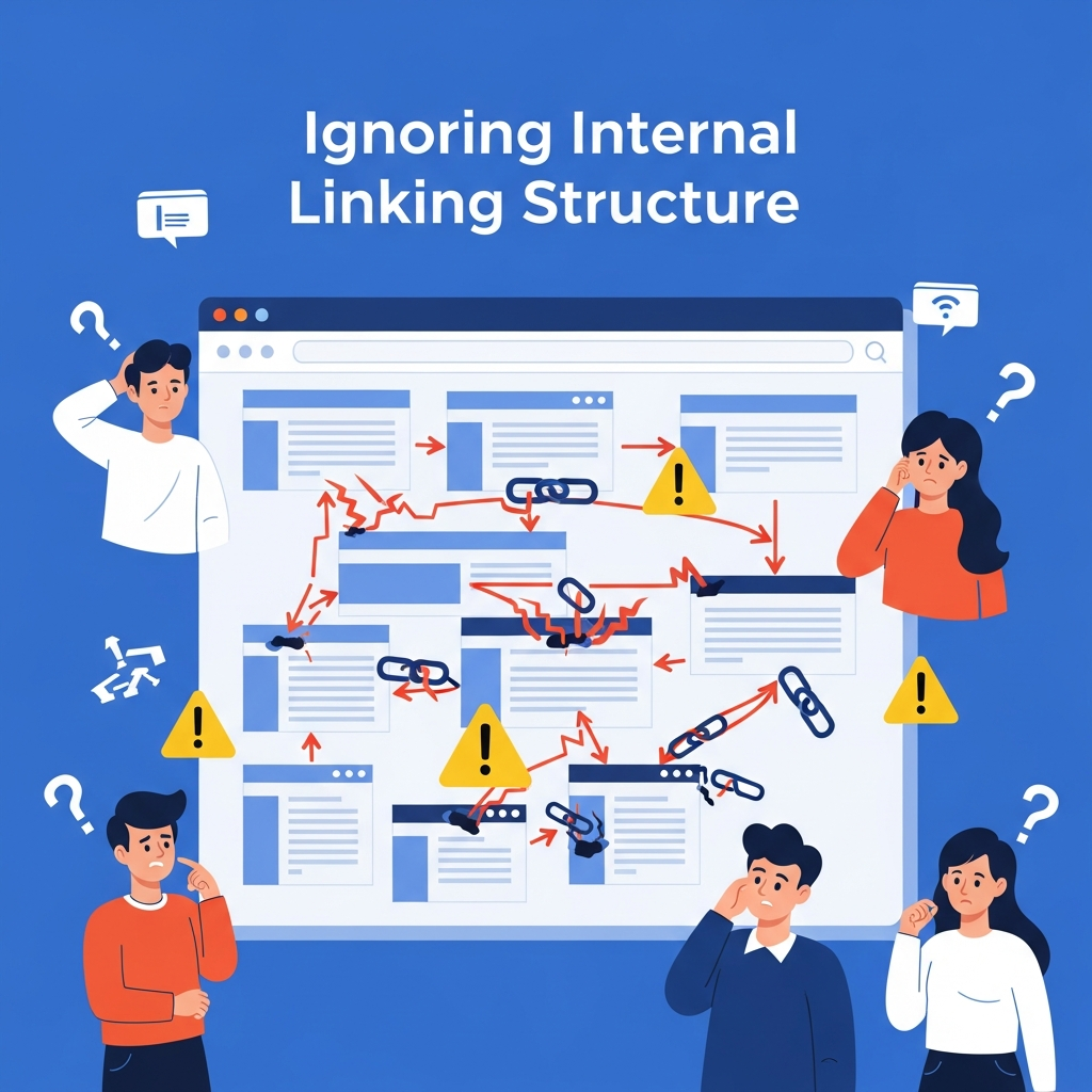 A graphic titled "Ignoring Internal Linking Structure" featuring a website diagram with broken or missing links between pages, warning symbols, and confused users, using blue and orange accents to stress the importance of good internal linking for SEO.

