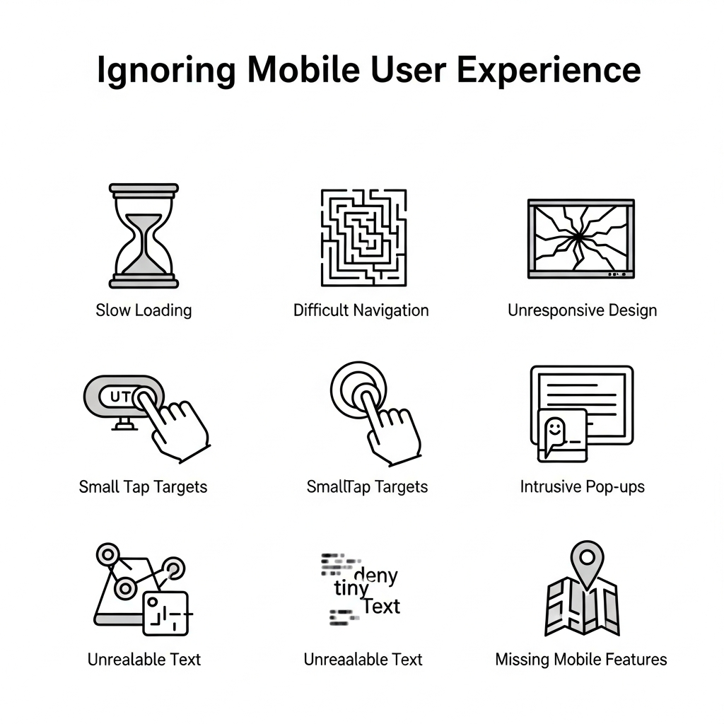 Graphic titled "Ignoring Mobile User Experience." It displays icons and labels for common mobile UX problems: slow loading times (hourglass), difficult navigation (confusing menu), unresponsive design (broken screen), small tap targets (tiny button), intrusive pop-ups (pop-up covering content), unreadable text (tiny or blurry font), and missing mobile features (absent map or phone icon). Each issue is clearly illustrated with modern, mobile-friendly visuals.