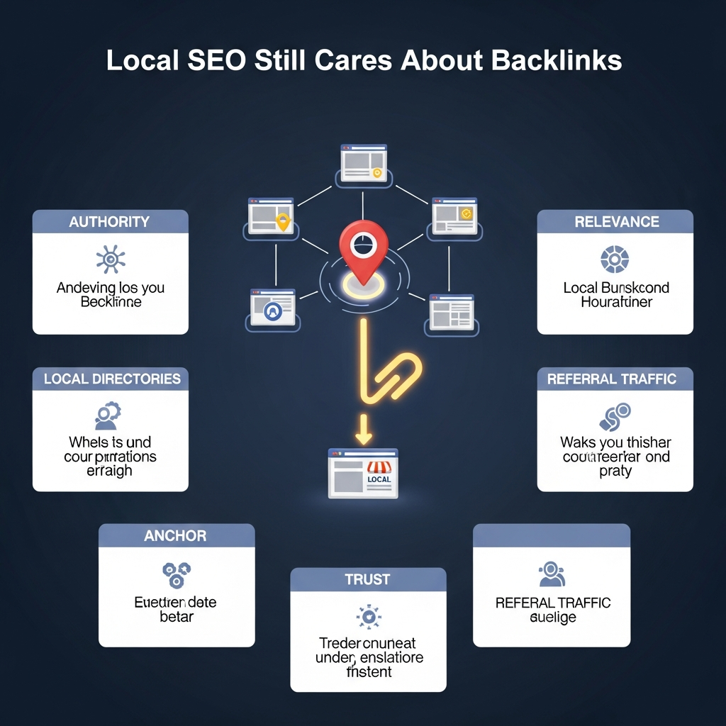 An infographic titled "Local SEO Still Cares About Backlinks" showing a network of web pages connected with link icons, a location pin symbolizing local SEO, and a highlighted backlink pointing to a local business website. Around the main image, important related terms are explained: Authority (building trust), Relevance (topic-related links), Local Directories (backlinks from business listings), Anchor Text (the clickable words in links), Trust (credibility from reputable sources), and Referral Traffic (website visitors from backlinks).