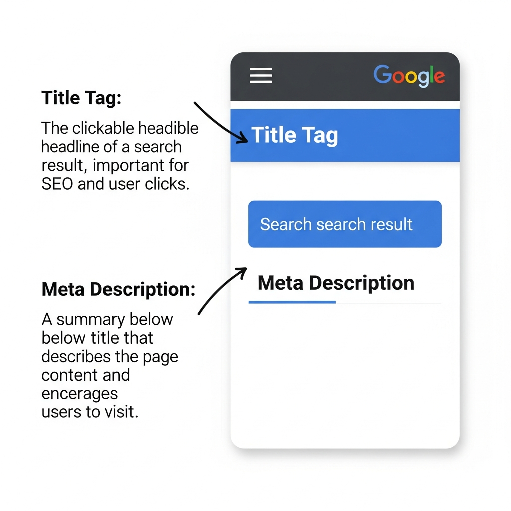 A sample Google search result with the Title Tag highlighted in blue at the top, described as the clickable headline important for SEO and clicks. Below it, the Meta Description is highlighted and explained as a summary that describes the page content to encourage users to visit.