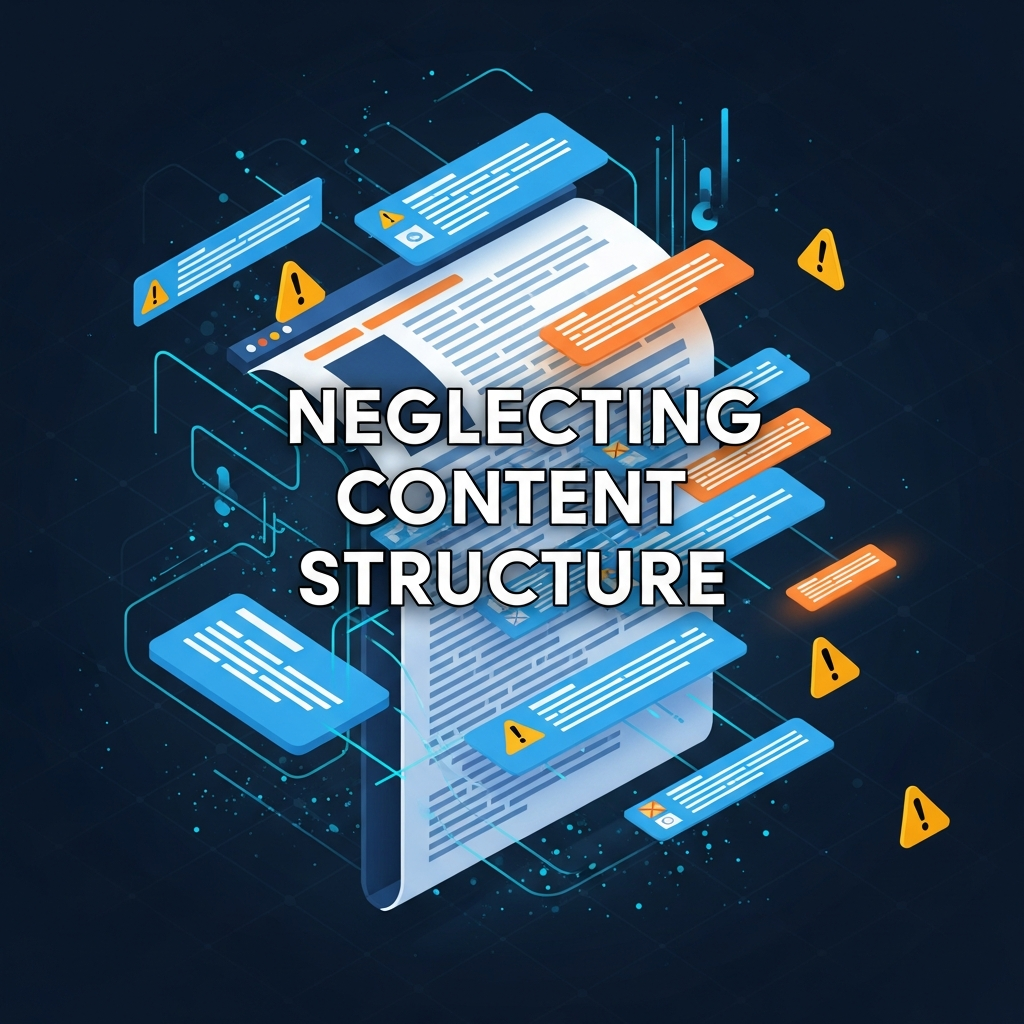 
A digital illustration of a messy, disorganized document with scattered headings, broken paragraphs, and missing subheadings. Warning and caution icons are present to indicate issues. The heading “Neglecting Content Structure” appears in bold, easy-to-read font with blue and orange accents, emphasizing digital content organization.