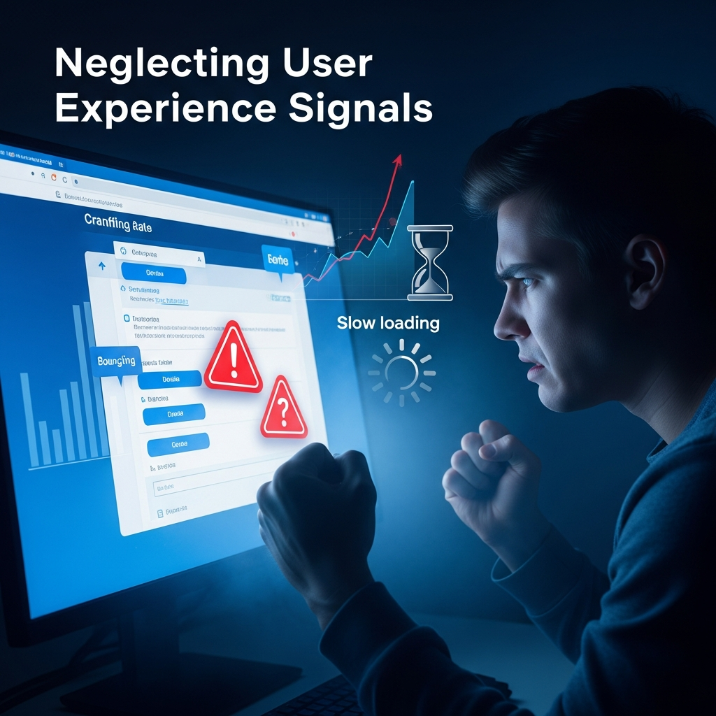 A digital illustration showing a frustrated website visitor looking at a confusing webpage with poor navigation, warning and error icons, a bounce rate chart, and a slow-loading website symbol. The heading “Neglecting User Experience Signals” appears in bold font with blue, red, and neutral color accents to emphasize user frustration and digital context.
