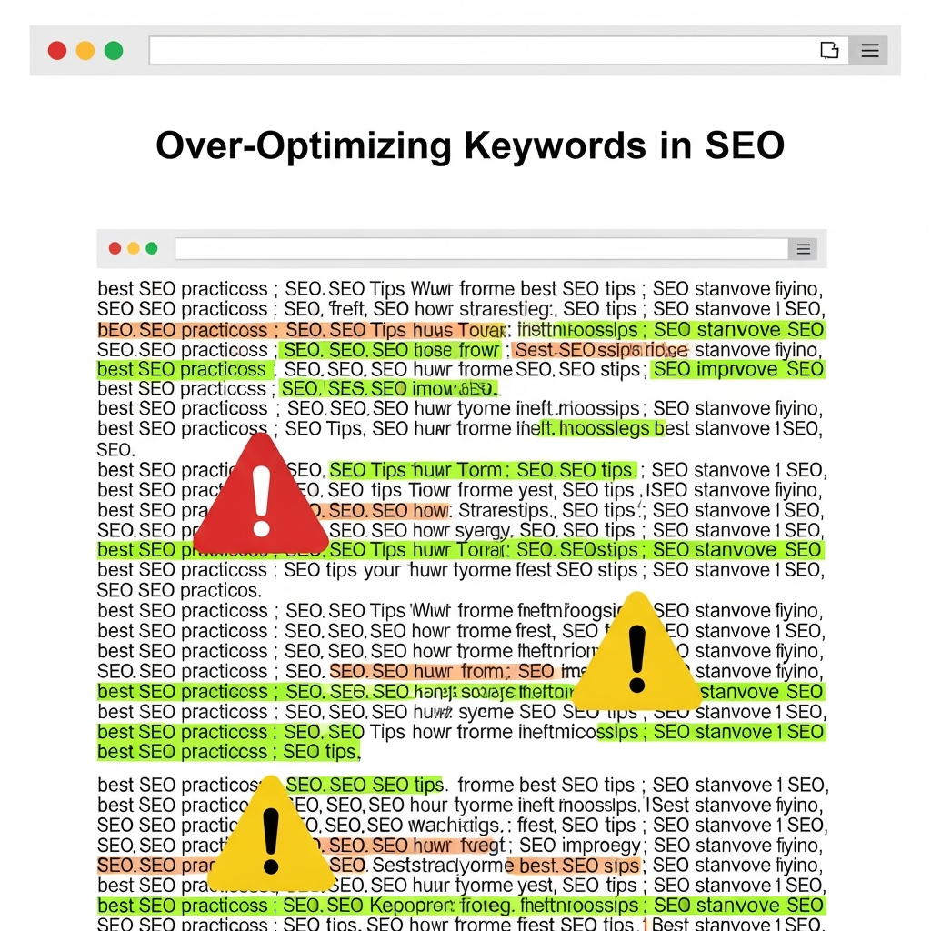 A web page filled with repetitive, highlighted keywords making the content look cluttered and unnatural. Warning symbols emphasize that over-optimizing keywords is a negative SEO practice. The heading "Over-Optimizing Keywords in SEO" appears at the top.