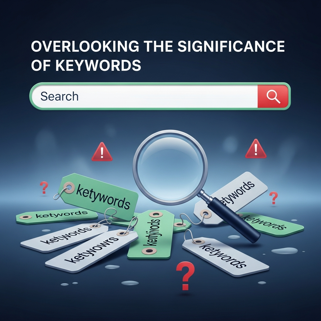 A digital image showing a search bar with missing or empty keyword fields, scattered keyword tags around it, and a magnifying glass icon. There are subtle warning and question mark symbols to indicate missed SEO opportunities. The heading “Overlooking the Significance of Keywords” is displayed in bold font, with blue, green, and red accents for emphasis.

