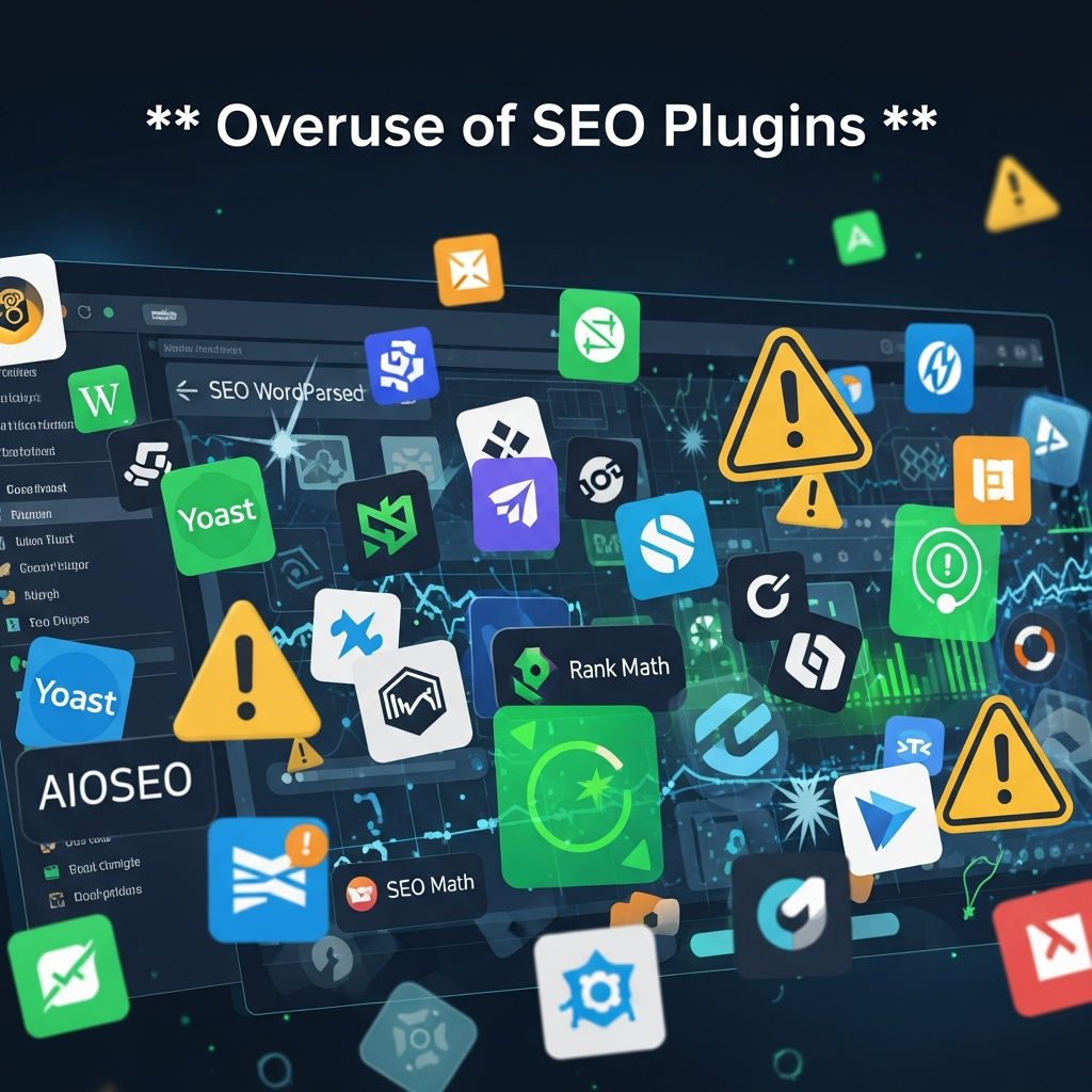 A graphic titled "Overuse of SEO Plugins" displaying multiple SEO plugin icons crowding a WordPress dashboard, warning signs, and visual cues of website performance issues, highlighted with green and yellow accents to emphasize plugin overload.