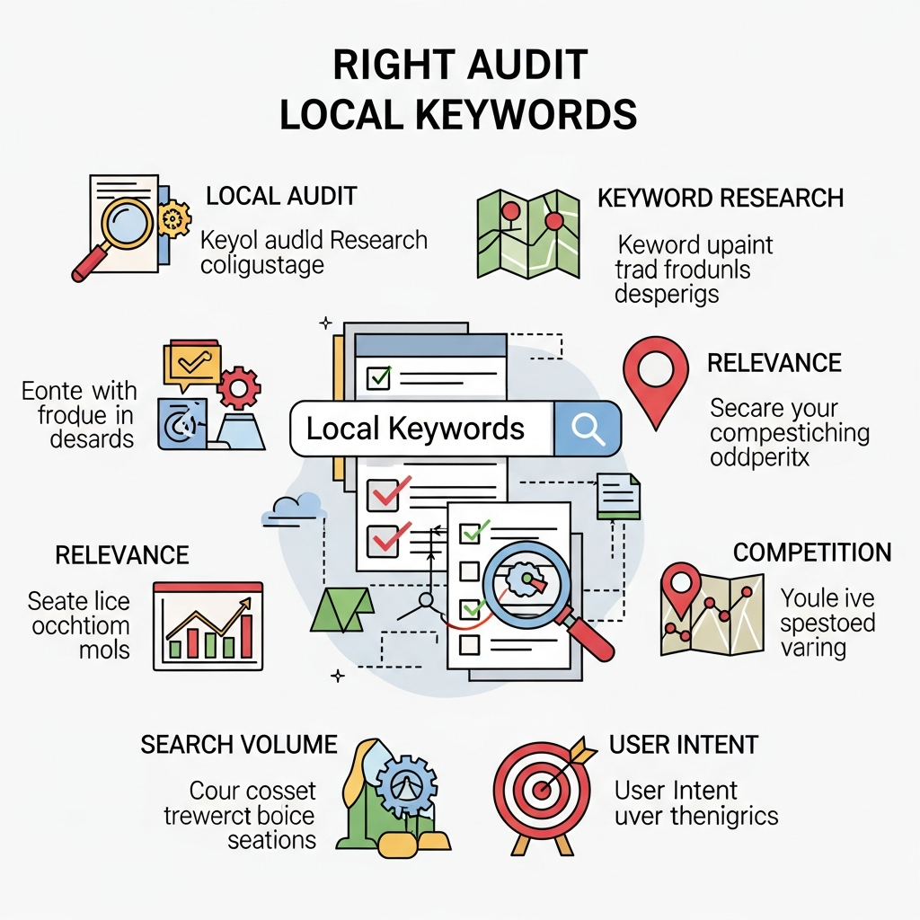 An infographic titled "Right Audit Local Keywords" featuring a search bar displaying 'Local Keywords', a checklist with checkmarks, a magnifying glass highlighting keywords, and a map icon for locality. Around the image, important related terms with brief explanations are shown: Local Audit (checking effectiveness), Keyword Research (finding suitable terms), Relevance (direct business connection), Search Volume (frequency of searches), Competition (market rivalry), and User Intent (purpose behind search).