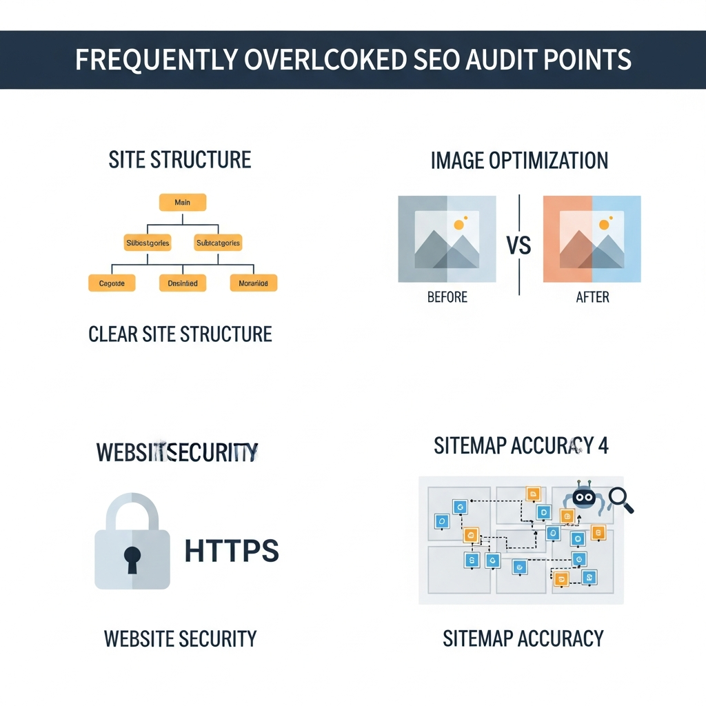 "Infographic highlighting often missed but important points in an SEO audit. It shows a clear site structure with a hierarchical tree, image optimization with a comparison of large versus compressed images, website security with a padlock and HTTPS symbol, and sitemap accuracy with a sitemap diagram and a search engine bot discovering key pages. Each section is labeled and visually distinct in a clean, modern style."