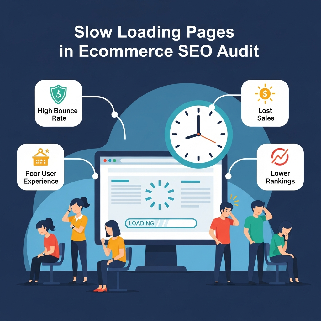 "Infographic titled 'Slow Loading Pages in Ecommerce SEO Audit.' The image shows a web page with a spinning loader, a clock, and frustrated users waiting. Surrounding the graphic are keywords: High Bounce Rate, Lost Sales, Poor User Experience, and Lower Rankings, illustrating the negative impact of slow-loading ecommerce pages on SEO and sales."