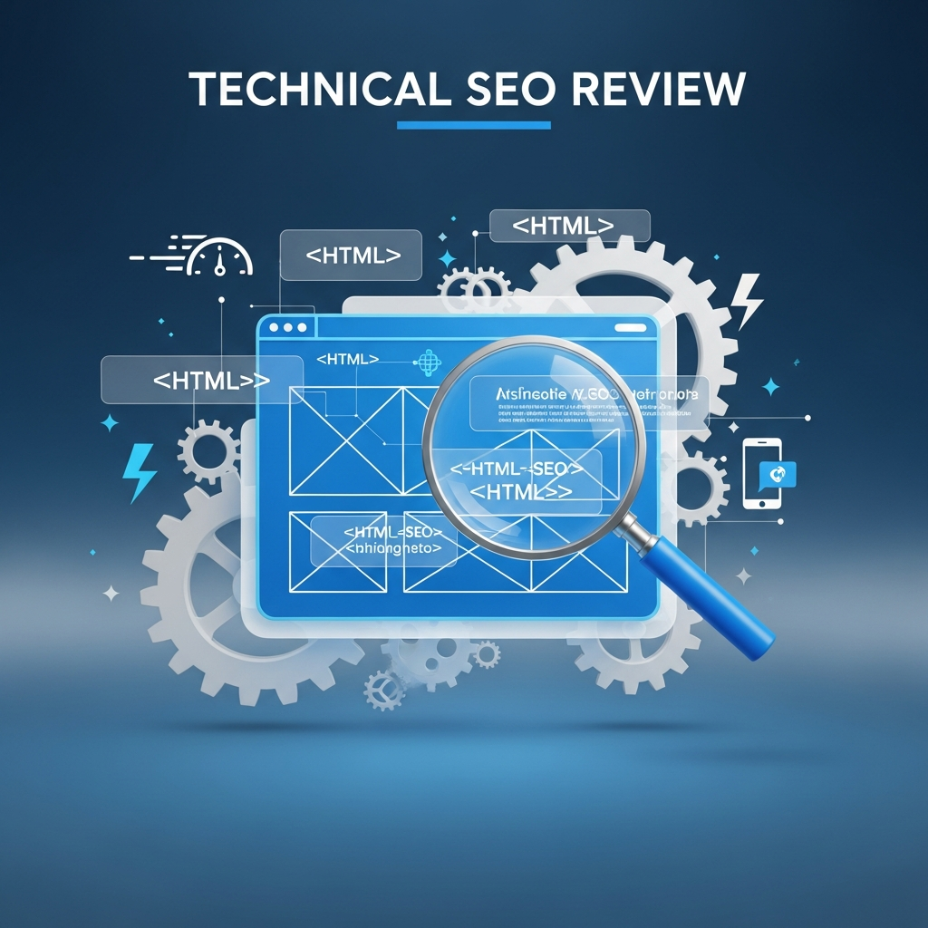 A digital illustration with the heading "Technical SEO Review" showing a web browser window filled with HTML code tags, gears, and a magnifying glass. The image represents the analysis of a website’s technical structure, including HTML elements, speed, and mobile optimization, essential for effective SEO.