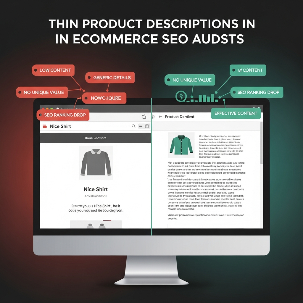 "Infographic titled 'Thin Product Descriptions in Ecommerce SEO Audits.' The image displays an online store page with a product that has a very short, vague description contrasted with one that has a detailed description. Surrounding the scene are keywords: Low Content, Generic Details, No Unique Value, and SEO Ranking Drop, highlighting the negative effects of thin product descriptions on SEO."