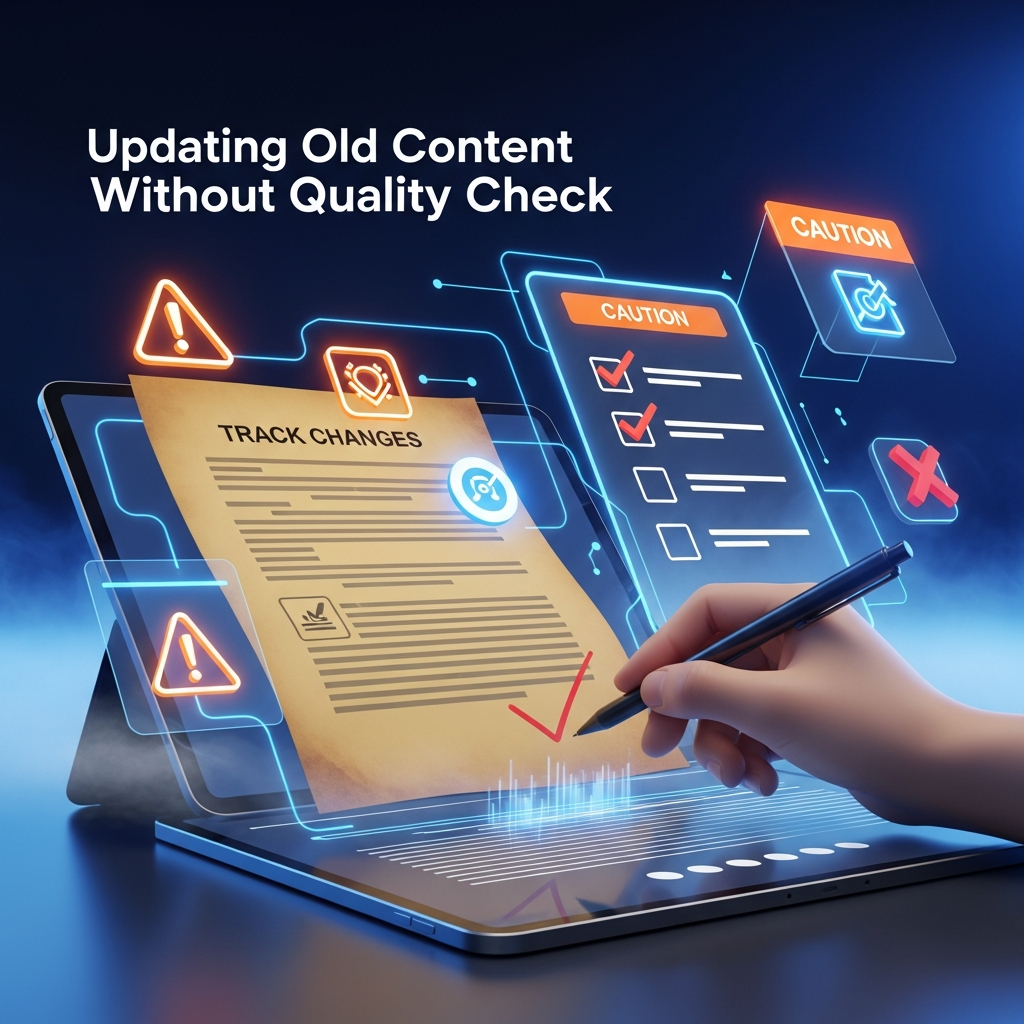 A digital graphic featuring an outdated document being edited on a computer screen, a checklist with unchecked items, and caution or warning icons. The heading “Updating Old Content Without Quality Check” appears in bold, modern font. The design uses blue and orange colors to suggest urgency and a digital content theme.