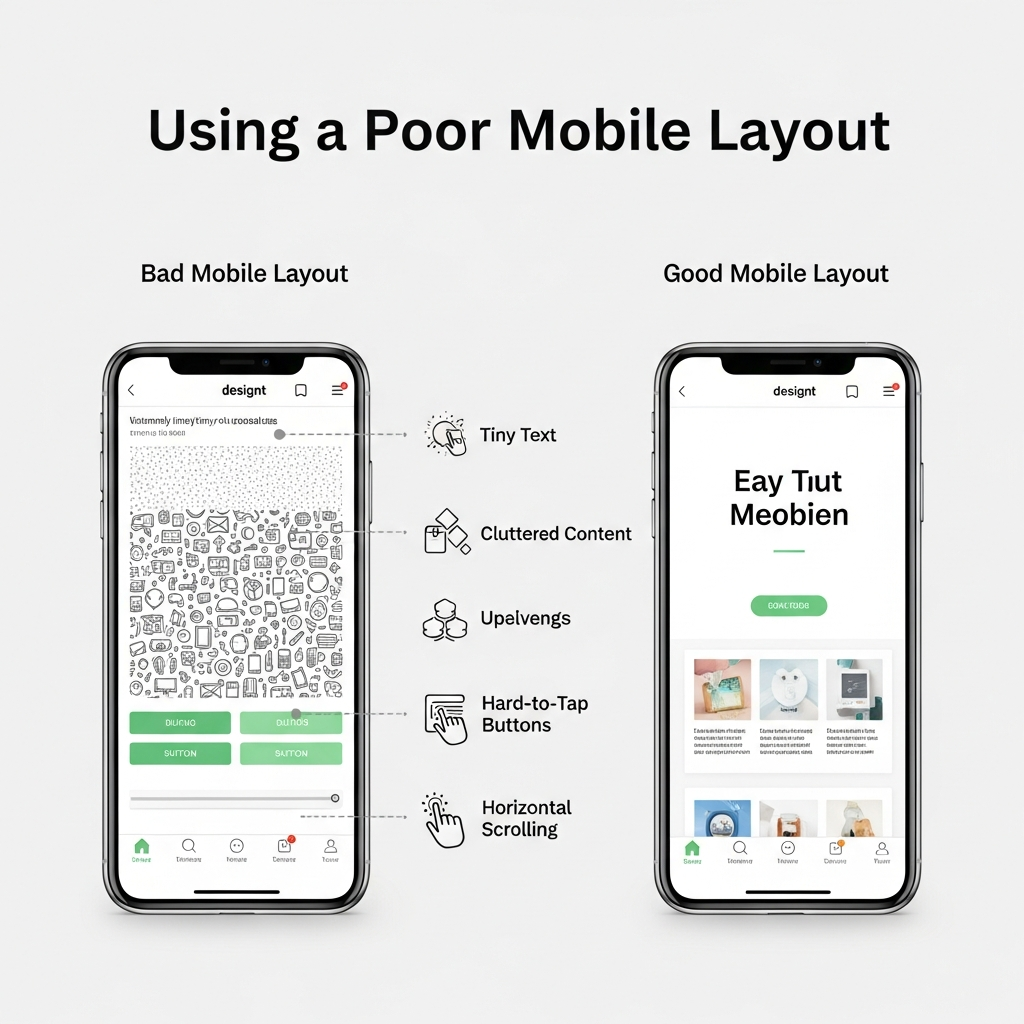 Graphic titled "Using a Poor Mobile Layout." It compares a poorly designed mobile website (with tiny text, cluttered elements, hard-to-tap buttons, and horizontal scrolling) against a well-designed mobile layout. Each issue is illustrated with clear icons and labeled: "Tiny Text," "Cluttered Content," "Hard-to-Tap Buttons," and "Horizontal Scrolling," emphasizing common mobile usability problems.