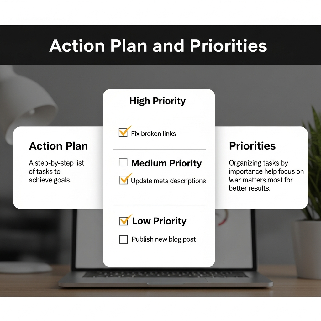 A checklist image titled "Action Plan and Priorities" displays to-do items divided into High, Medium, and Low Priority sections. Example tasks like "Fix broken links," "Update meta descriptions," and "Publish new blog post" are shown. Explanatory text boxes define an action plan as a step-by-step list to achieve goals, and priorities as organizing tasks by importance for better results.
