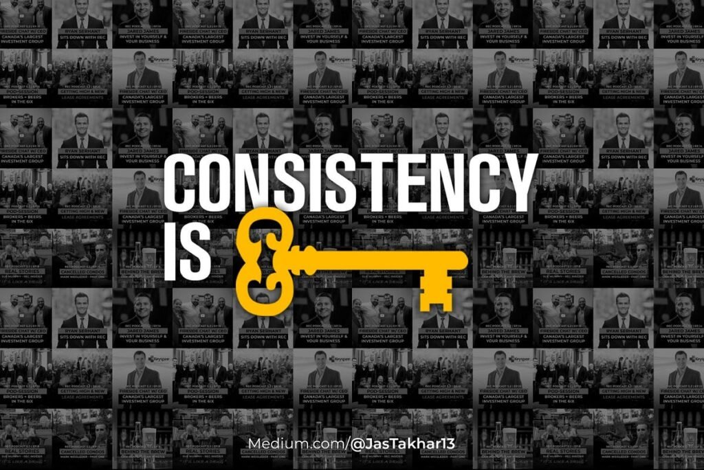 Image of "CONSISTENCY IS" text with a yellow key icon on a background of small grayscale photos.