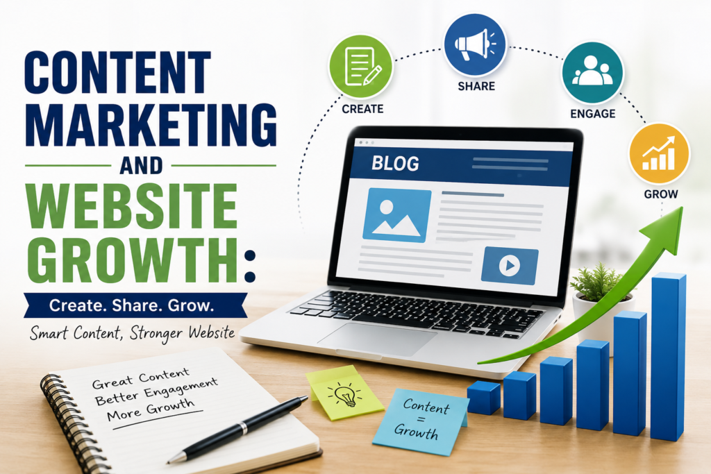 Website marketing concept image showing a laptop, SEO, content, social media, and email marketing icons with the title *7 Website Marketing Facts Nobody Tells You*.