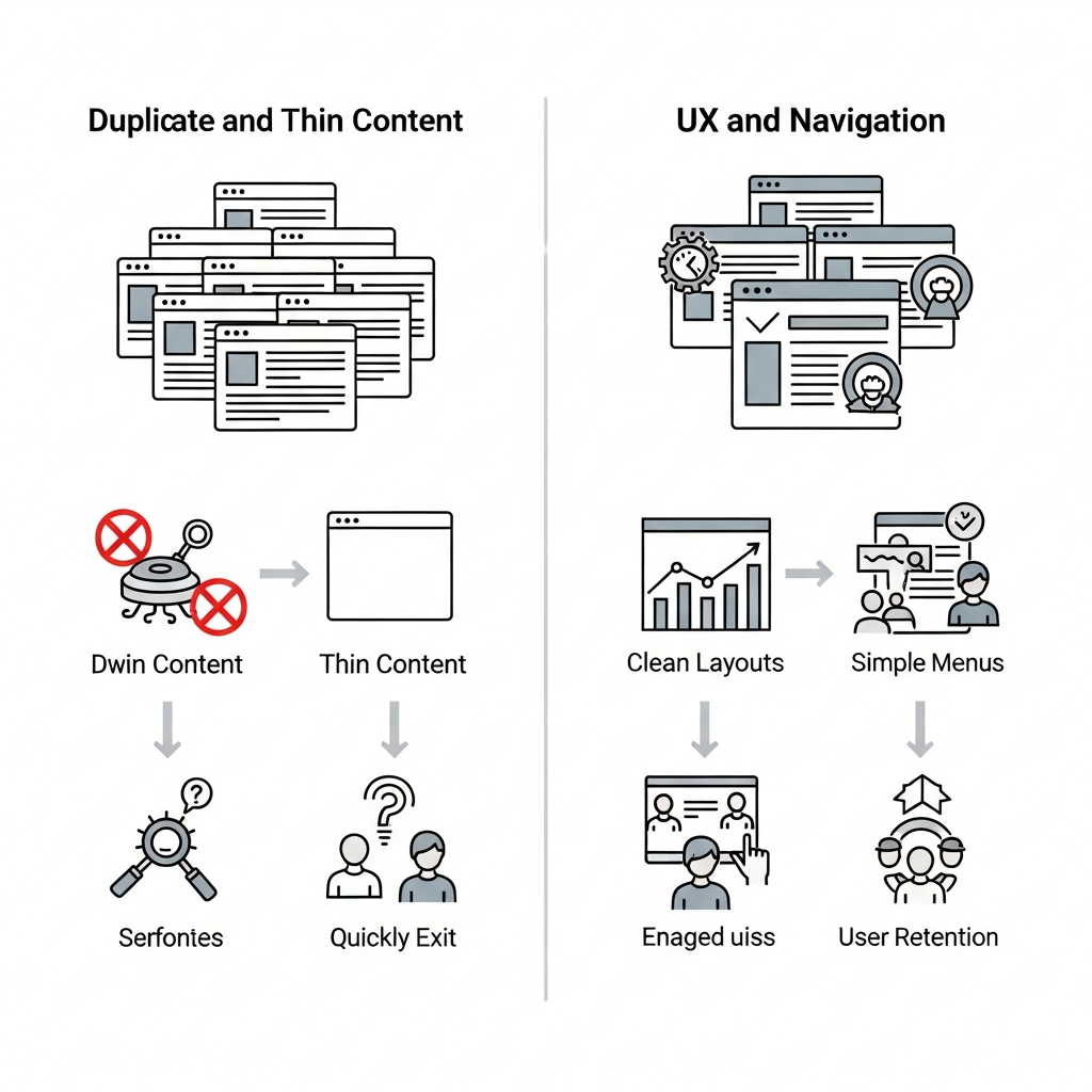 "Infographic explaining the impact of duplicate and thin content, as well as the importance of UX and navigation. It shows duplicate content with icons of identical web pages, thin content with an almost empty page, and negative effects like search engine confusion and users leaving quickly. For UX and navigation, it displays clean layouts, simple menus, and engaged users, highlighting positive effects such as improved SEO and longer visitor engagement. Arrows and labels clarify each concept."
