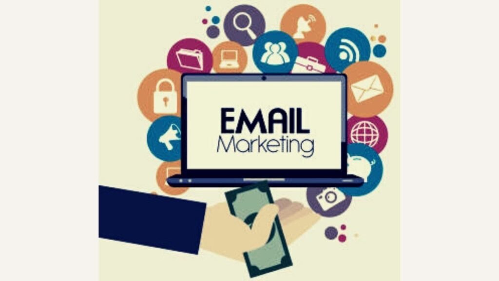 Laptop screen showing email marketing with colorful digital icons around it.
