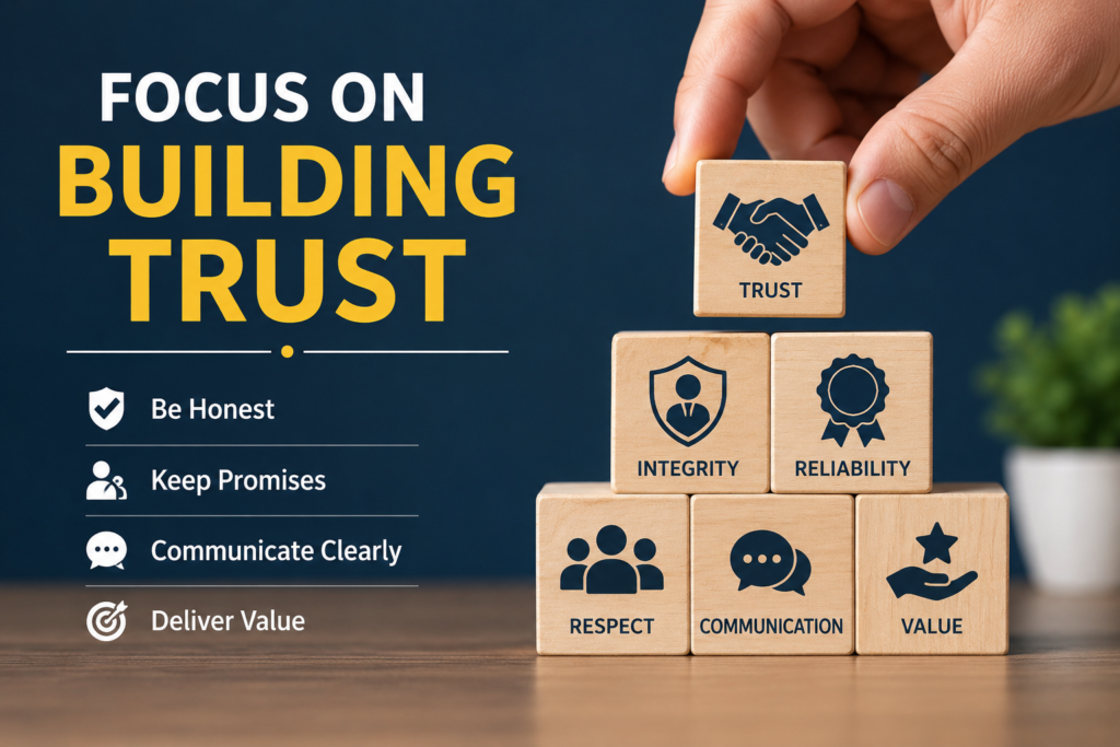 **Alt text:** *Trust building concept image showing honesty, communication, value, and teamwork blocks.*