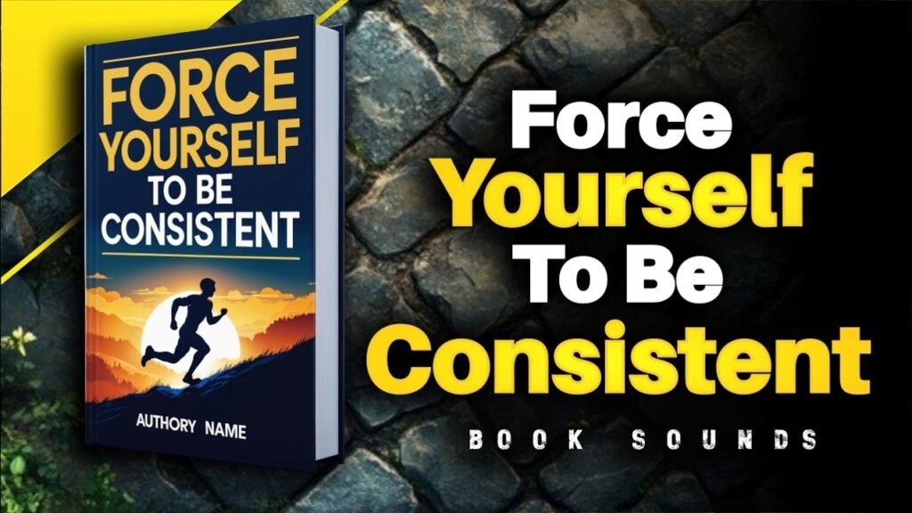 Motivational book cover with the message “Force Yourself To Be Consistent” and a running person illustration.