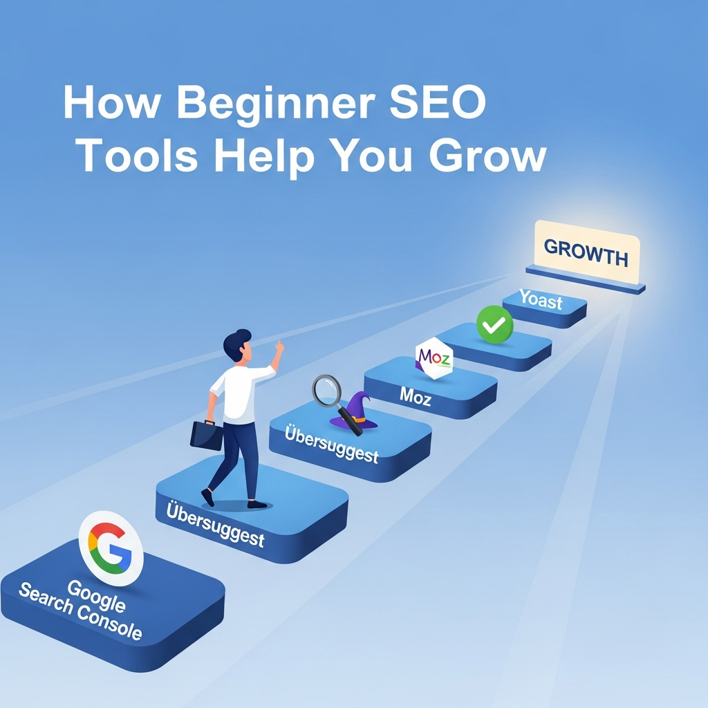  “How Beginner SEO Tools Help You Grow illustration showing Google Search Console, Yoast, Moz, and Ubersuggest helping beginners boost website traffic, improve rankings, and grow online visibility.”