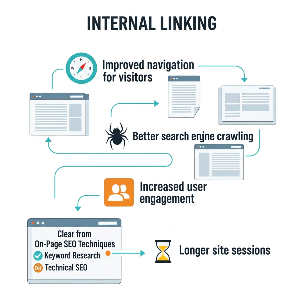 Infographic showing the benefits of internal linking for SEO. The image features a website layout with multiple pages connected by arrows, symbolizing internal links. Icons and labels highlight key benefits: improved navigation for users, enhanced search engine crawling, increased user engagement, and longer site visits. An example is shown where an ‘On-Page SEO Techniques’ article links to pages about Keyword Research and Technical SEO. The overall design is modern, with clear visuals and easy-to-read labels.  Let me know if you need this in a different style or language!