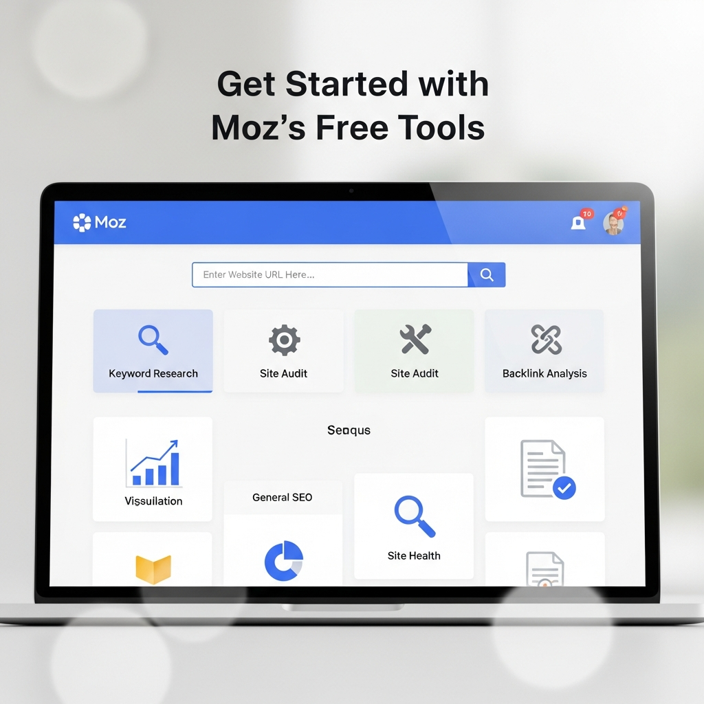 “Moz free SEO tools dashboard displayed on a laptop screen featuring keyword research, site audit, backlink analysis, and SEO performance tools for beginners.”