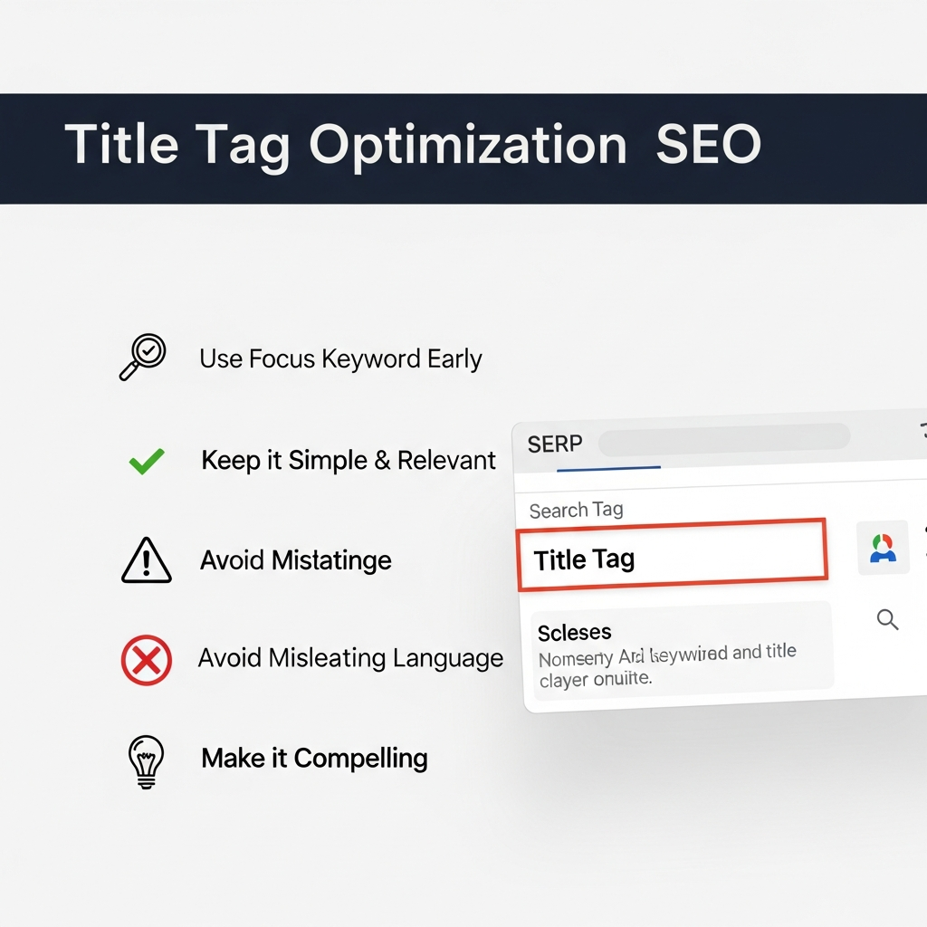 Split-screen infographic comparing poor and good title tag optimization. The left side shows a search result with a cluttered, misleading, and irrelevant title tag, labeled with icons and tips such as “Avoid Clickbait.” The right side displays a well-optimized title tag featuring a clear focus keyword, concise and honest wording, and relevant content, with tips like “Use Primary Keyword,” “Be Relevant,” and “Keep It Short.” The background mimics a search engine results page, and bright colors highlight the contrast between the examples.  Let me know if you need this text in another language or style!