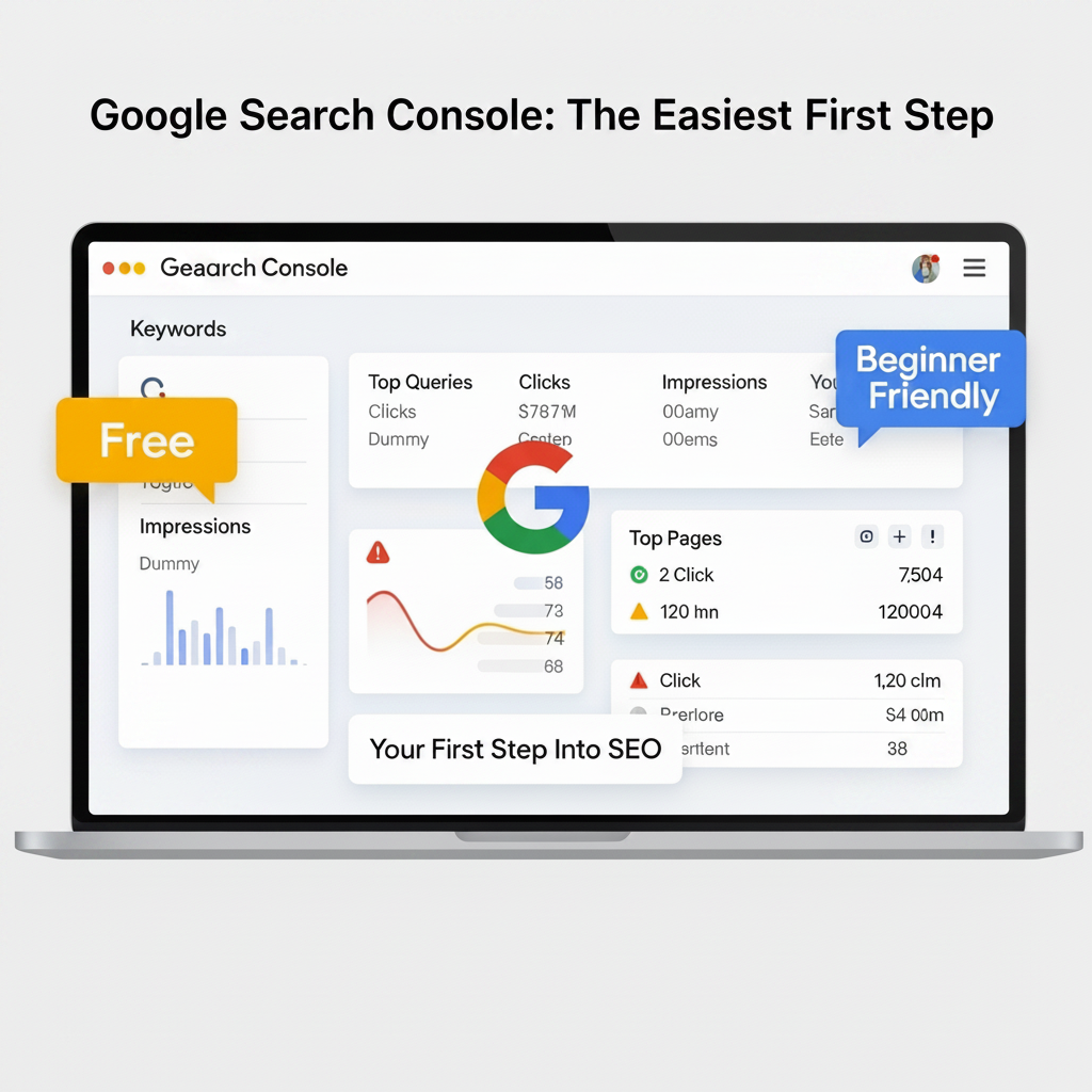 “Google Search Console beginner-friendly SEO dashboard illustration showing keyword tracking, impressions, clicks, and website performance analytics on a laptop screen.”