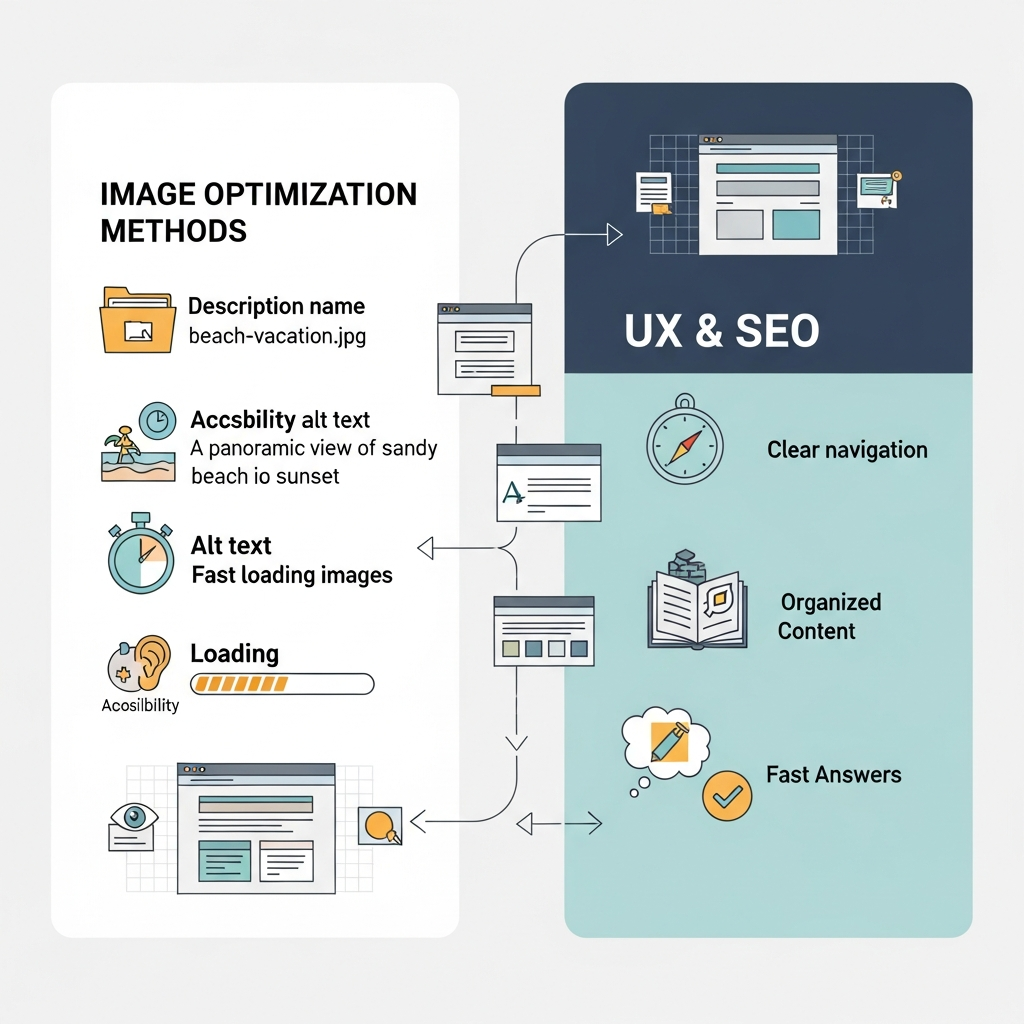 Infographic divided into two sections: “Image Optimization Methods” and “UX & SEO.” The Image Optimization section shows icons representing descriptive file names, meaningful alt text, fast-loading images, and accessibility. The UX & SEO section includes visuals for clear navigation, organized content, readable fonts, and quick answers. The overall design features modern website elements, emphasizing the connection between optimized images, positive user experience, and improved SEO.